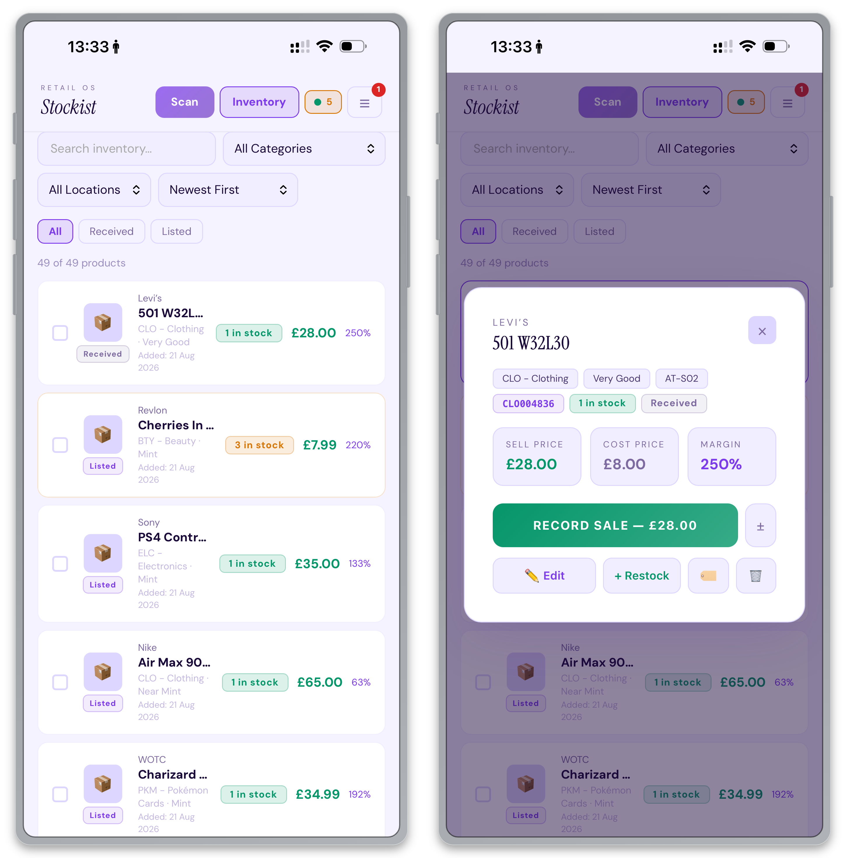 Stockist inventory app showing light and dark mode — inventory list with sell price, cost price and margin on every item
